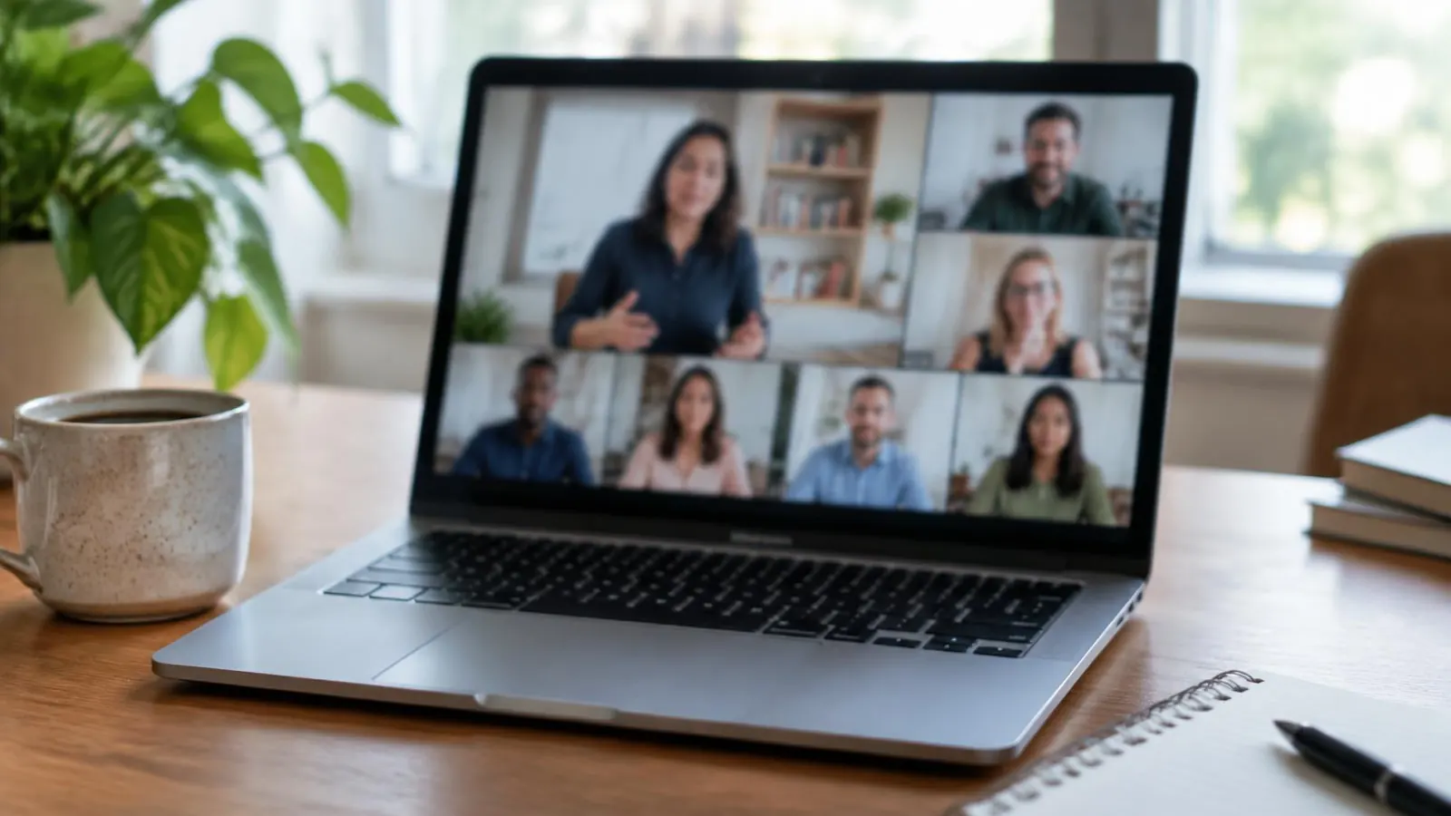 Notebook sobre a mesa exibindo uma aula online com uma professora e participantes adultos em quadros de vídeo.