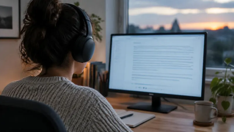 Pessoa com fones de ouvido acompanha um texto na tela do computador.