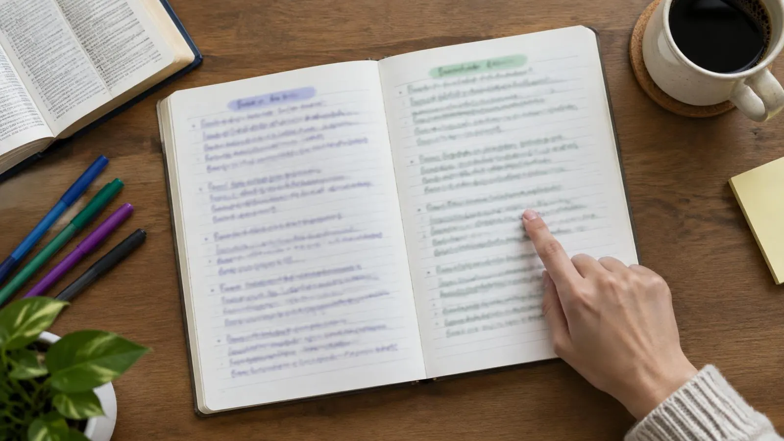 Pessoa aponta para anotações em um caderno aberto, ao lado de um dicionário e de canetas coloridas.