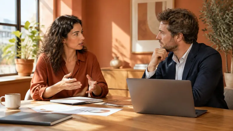 Dois profissionais adultos conversam em uma reunião de trabalho, com notebook e papéis sobre a mesa.