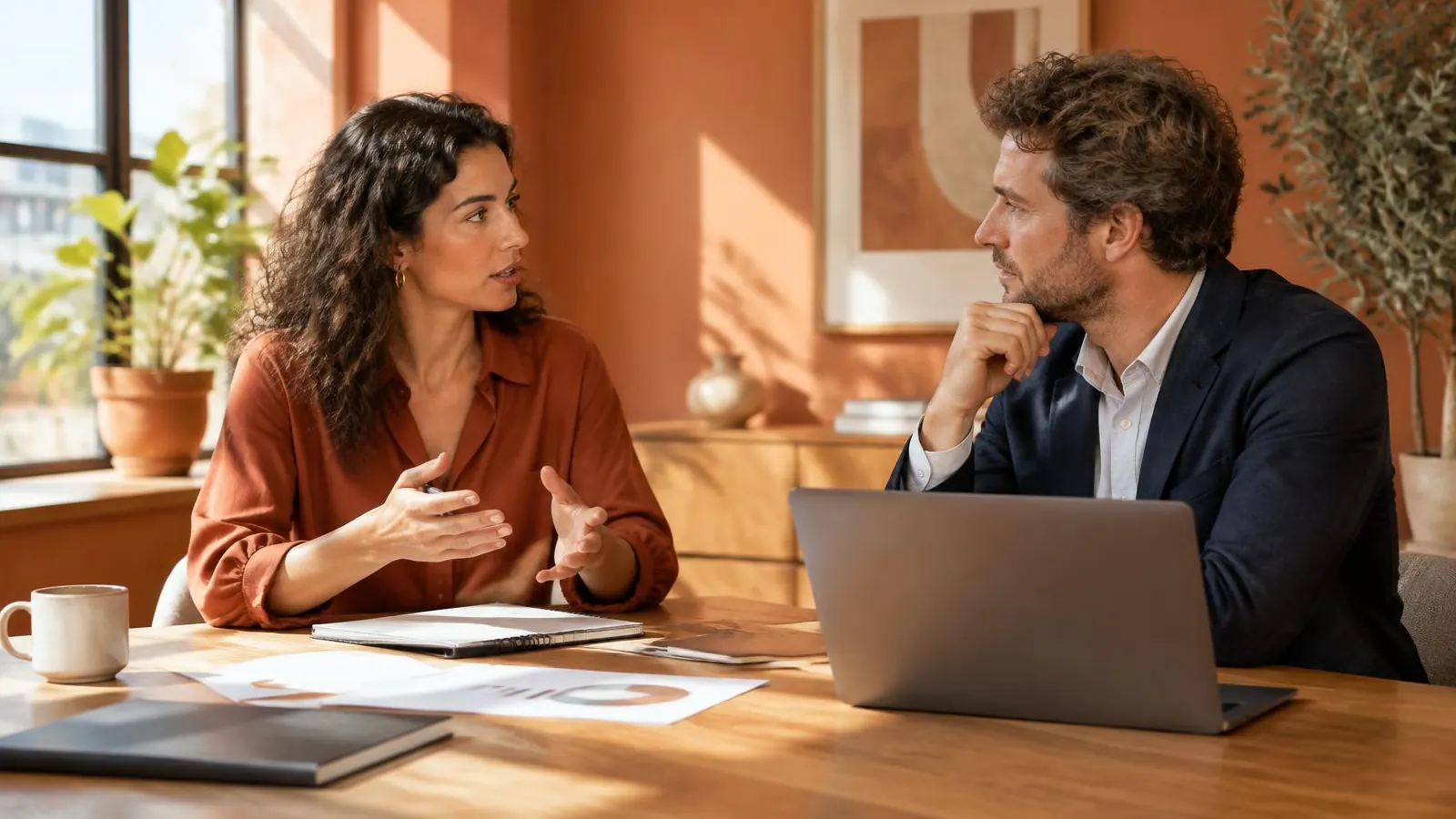 Dois profissionais adultos conversam em uma reunião de trabalho, com notebook e papéis sobre a mesa.