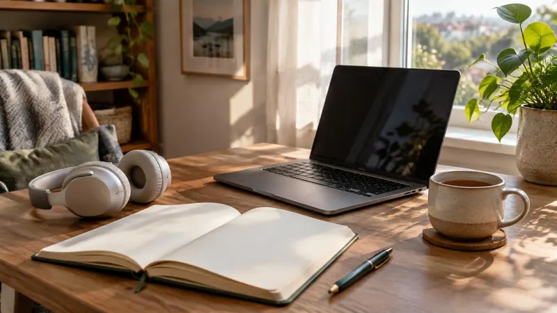 Mesa de estudo em casa com caderno aberto, notebook, fones de ouvido e uma xícara de chá perto da janela.