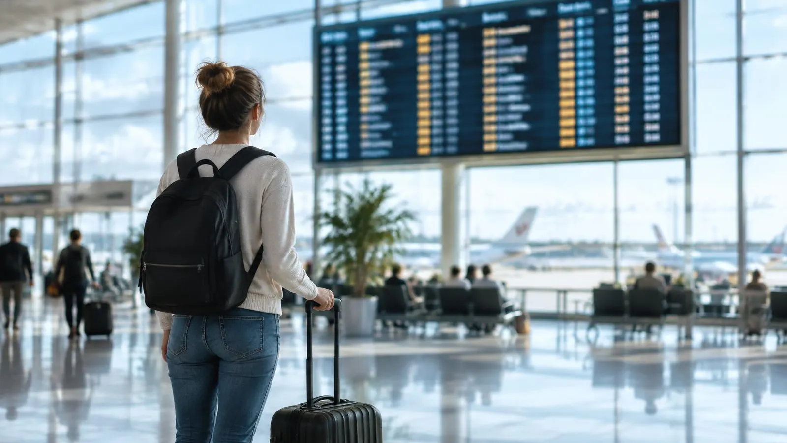 Viajante com mochila e mala de mão observa o painel de voos em um aeroporto.