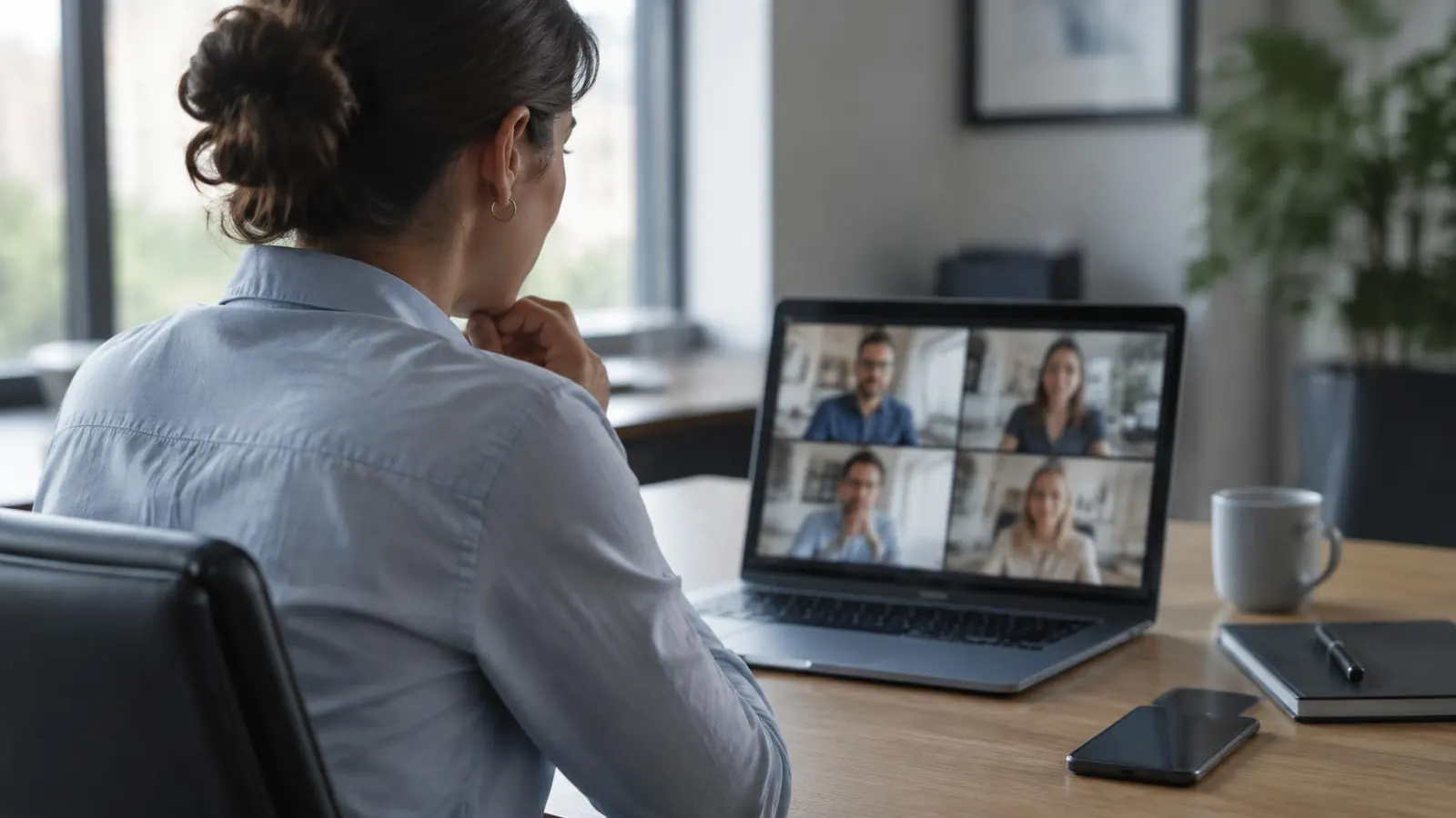 Profissional acompanha uma reunião por videochamada no notebook, em um escritório.