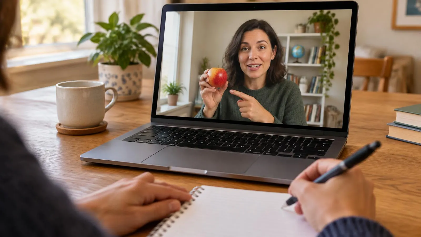 Professora mostra uma maçã para a câmera durante uma aula online, enquanto o aluno faz anotações em um caderno.